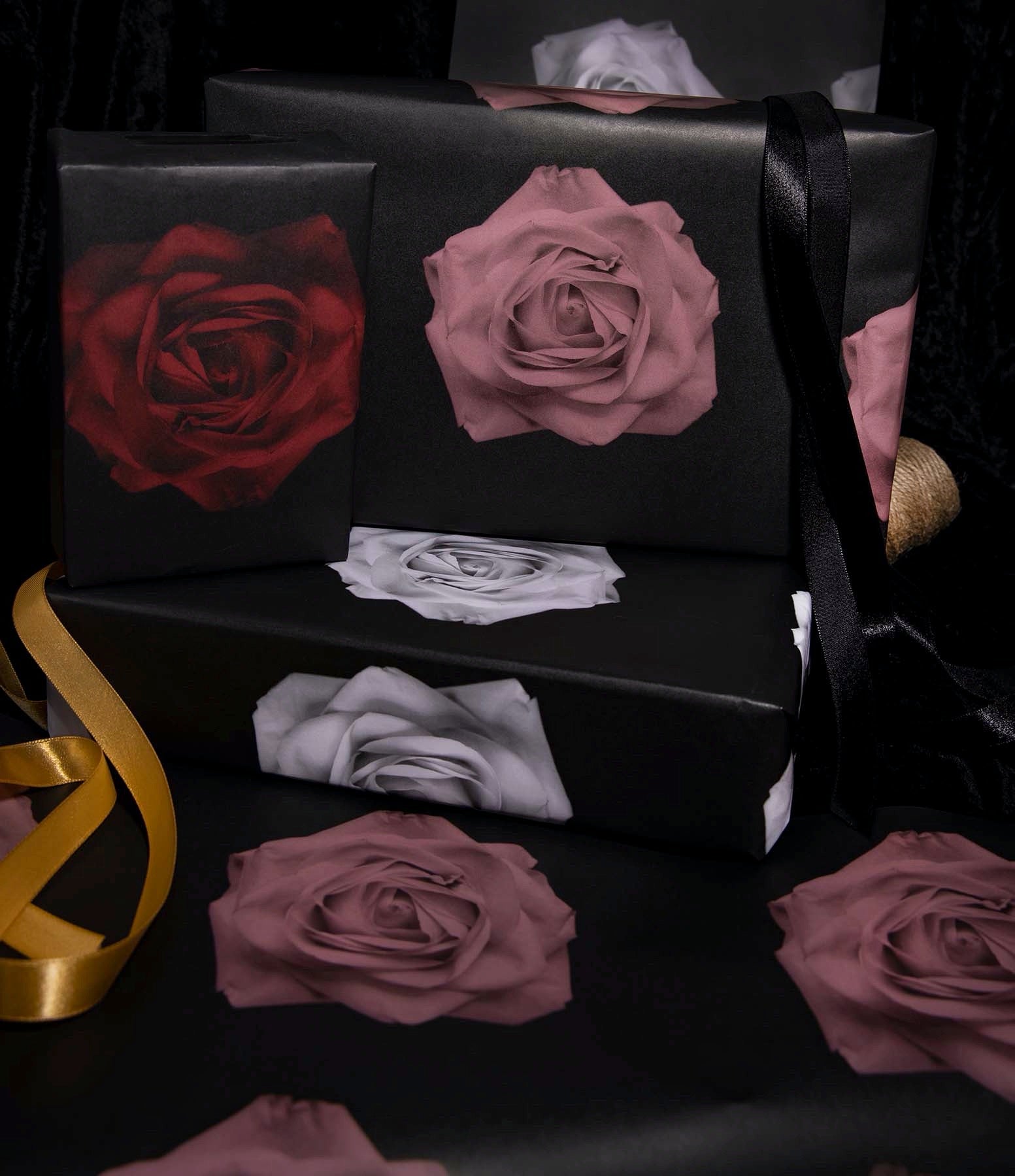 Red Roses with Grey Leaves on Black Wrapping Paper  Black wrapping paper,  Wrapping paper, Custom wrapping paper